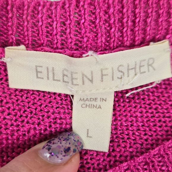 Eileen Fisher Barbie Pink Linen V Neck Cap Sleeve Relaxed Knit Blouse Size Large - Picture 4 of 8
